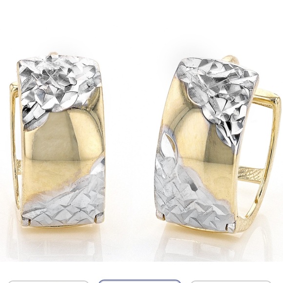 10K SOLID Yellow Gold Two-Tone Diamond-Cut Huggie Earrings Hoops Hoops 10kt - Picture 3 of 7